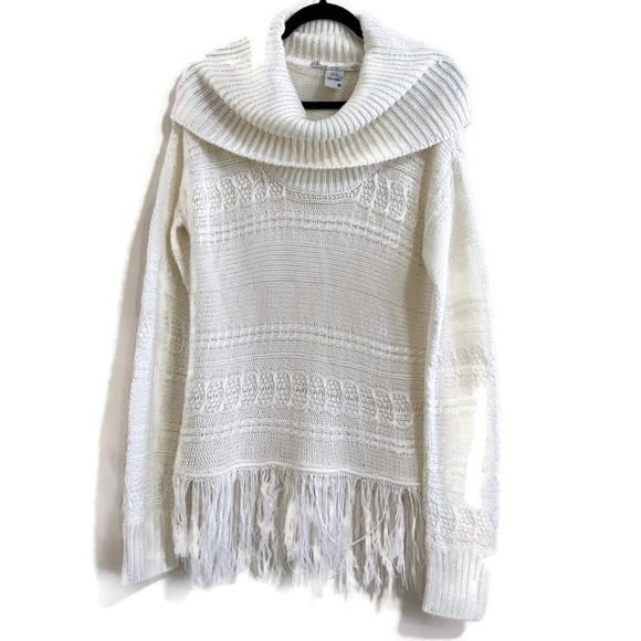 American Rag Women’s Ivory Knit Sweater with Fringe Hem Cowl Neck Women Size M. - Picture 1 of 7